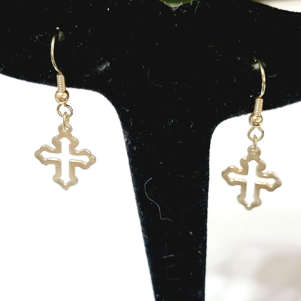Vintage Cross Dangle Pierced Earrings Gothic Gold-tone Open-Wrought 1 5/8" gp-28